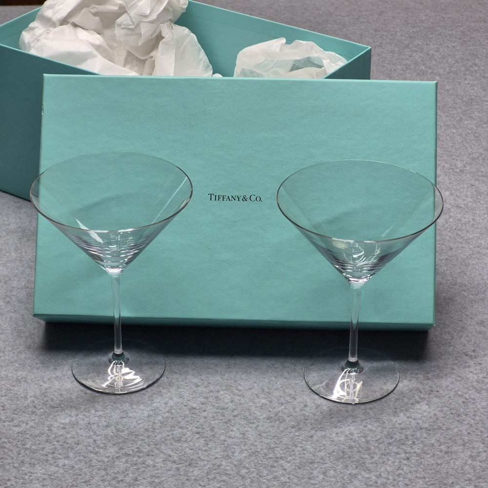 Tiffany & Co Crystal Martini Glasses Set of 2 Clear Barware With Blue Box Luxury